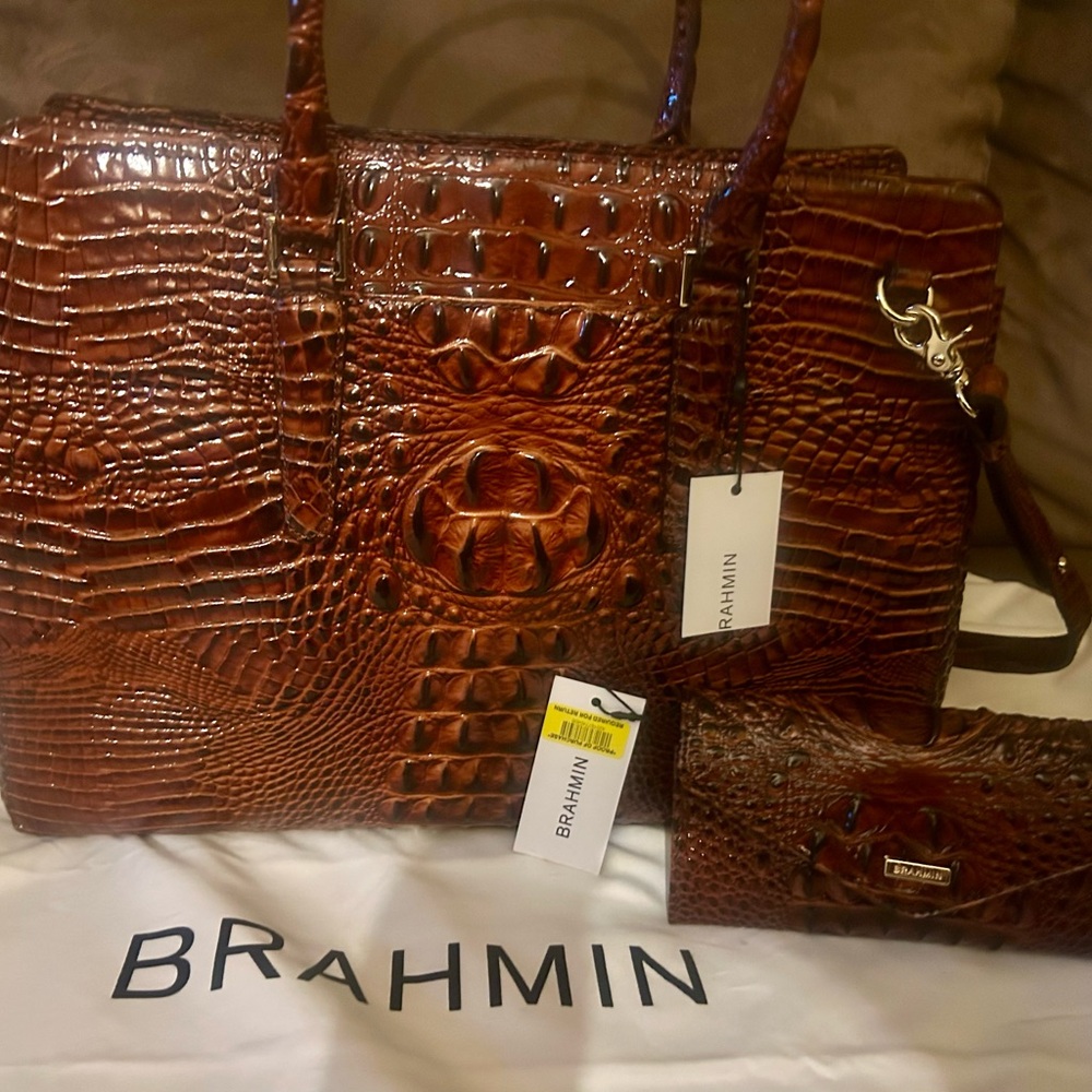 Brahmin Brown Crocodile Embossed Women's Bag Set